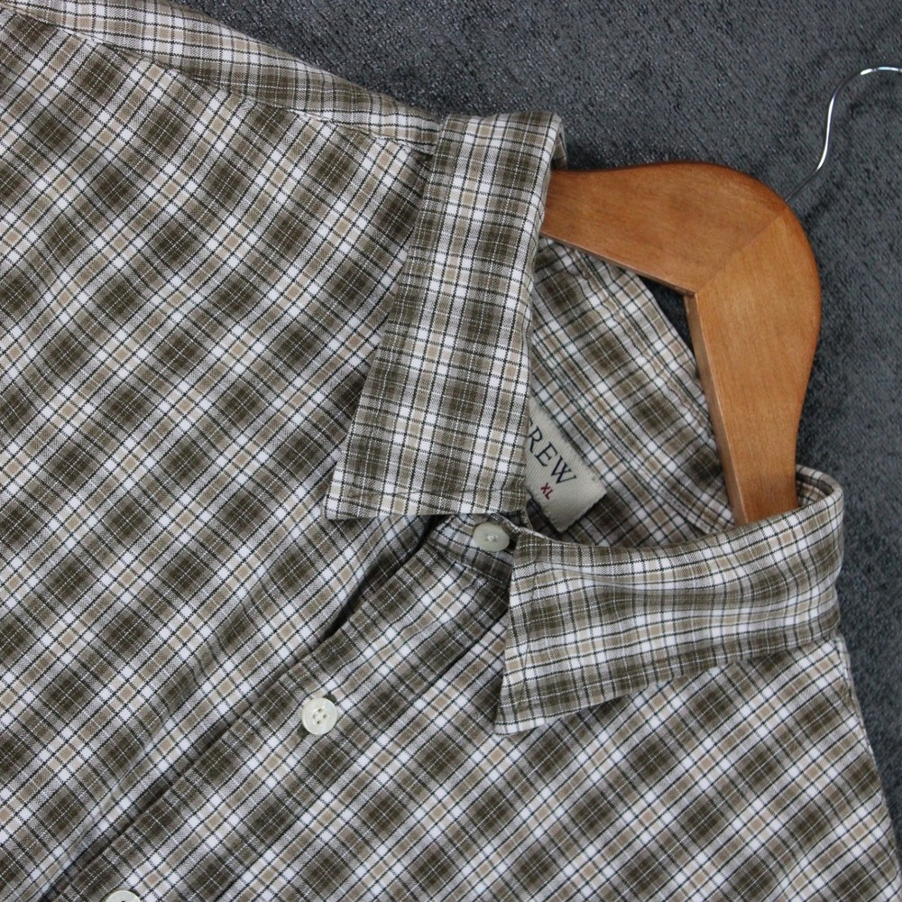 J.Crew Mens XL Short Sleeve Button Down Shirt Olive Green White Plaid Cotton